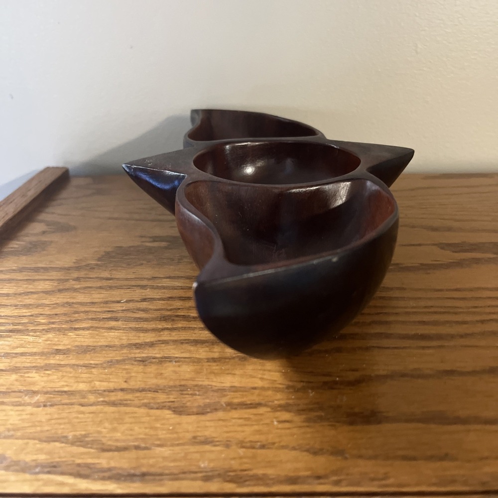 Vintage Solid Wood Bowl Divided Nut Dish Coin Tray Geometric MCM Rare Shape - Picture 10 of 13